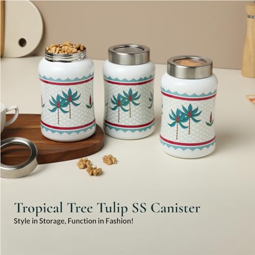 dudki Tropical Tree Tulip Stainless Steel Canister | Dry Fruit Containers | Stainless Steel Round Canister For Snacks Set Of 3 (Tropical Tree -White) 1300Ml - Image 3