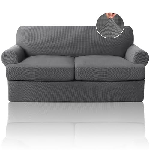 غطاء أريكة PrinceDeco T Cushion مكون من 3 قطع لأريكة T Cushion أغطية أريكة قابلة للتمدد لأريكة ذات 2 وسادة مع 2 غطاء مقعد T فردي بعرض يصل إلى 72 قابل للغسل رمادي