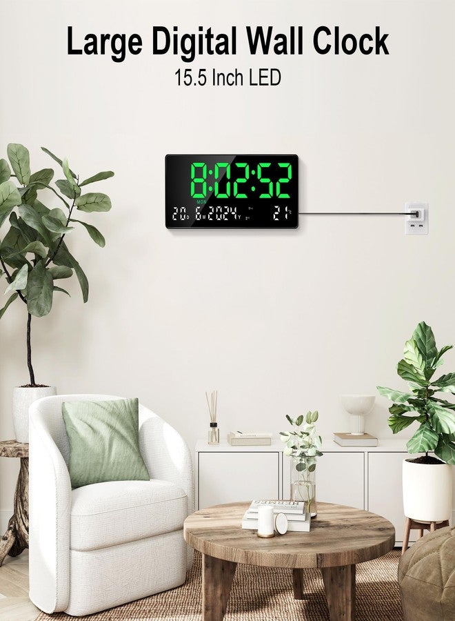 ساعة حائط رقمية كبيرة من لافوكس، شاشة LED مقاس 15.5 بوصة، ساعة رقمية خضراء تعمل بالكهرباء مع جهاز تحكم عن بعد، منبهان، التاريخ، اليوم، درجة الحرارة، ساعات إلكترونية عصرية لغرفة المعيشة وغرفة النوم - Image 2