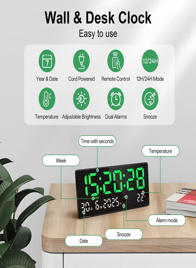 ساعة حائط رقمية كبيرة من لافوكس، شاشة LED مقاس 15.5 بوصة، ساعة رقمية خضراء تعمل بالكهرباء مع جهاز تحكم عن بعد، منبهان، التاريخ، اليوم، درجة الحرارة، ساعات إلكترونية عصرية لغرفة المعيشة وغرفة النوم - Image 3