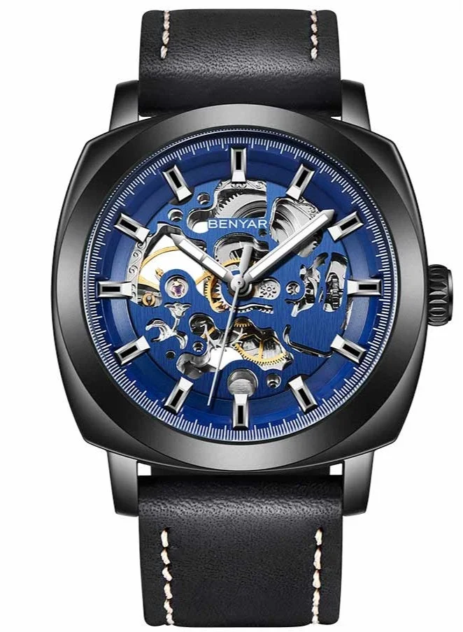 Benyar Automatic Watches for Men | Skeleton Mechanical Leather Strap Mens Watch | 45mm Dial | 30M Waterproof | Men's Stylish Gift