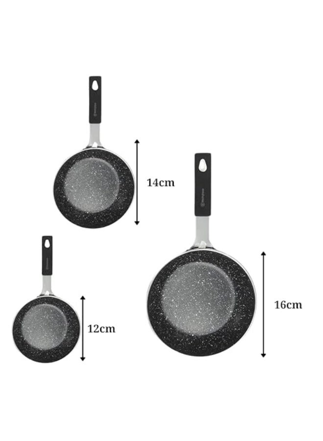 Westinghouse USA Cookware - Black Marble Mini Frying Pan Set (3 Pieces) – 12cm, 14cm, 16cm - Cast‑Aluminum, Non‑Stick, Lightweight, Scratch‑Resistant QuanTanium Coating for Healthy Cooking - Image 2