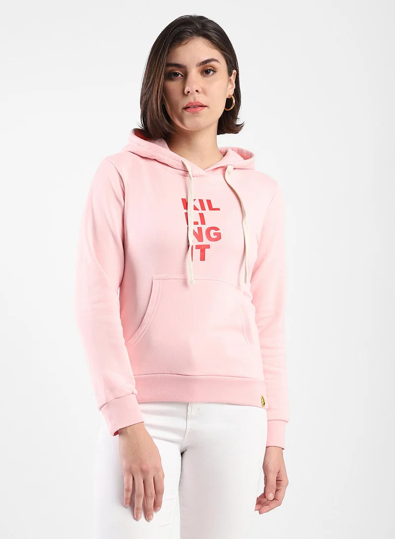 Campus Sutra Women's Pastel Pink &  Killing-It Print Pullover Hoodie