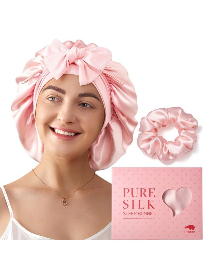 LitBear 100% Mulberry Silk Bonnet for Sleeping Women, 6A 22 Momme, Large Double-Layer Silk Hair Wrap with Tie Band, Non-Slip Turban, Includes Silk Scrunchie - Image 1