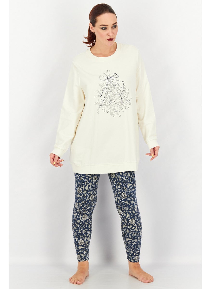 Tchibo Women 2 Pcs Allover Print Pajama Tops And Leggings, White  - Image 1