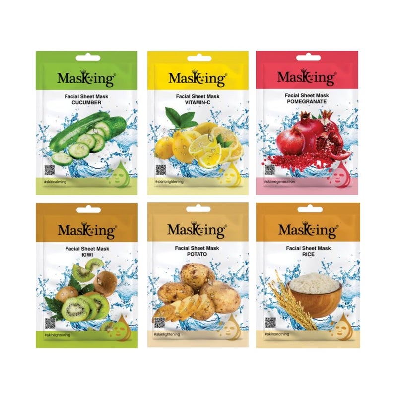MASKING MasKing Beauty Cucumber VitaminC Pomegranate Kiwi Potato Rice extract Facial sheet mask for glowing and hydrating daily Skin care combo pack of 6  - Image 1