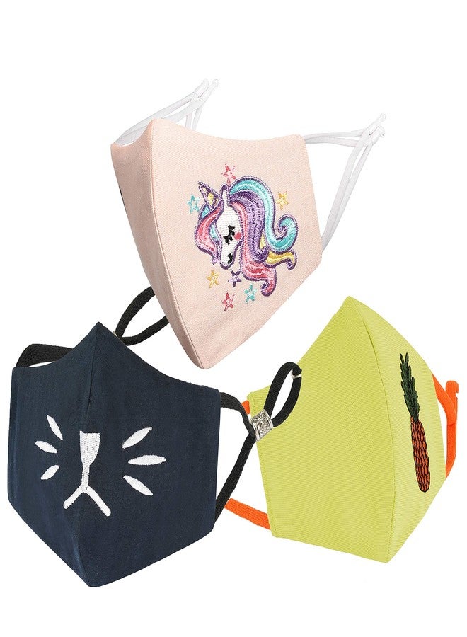 MASQ By Q-One EY-FUN 4 Layer Washable, Reusable,With Lanyard Size Adjustable, Anti-Bacterial (BFE>99%) Embroidered Cotton Cloth Face Mask Combo for Boys, Girls (Black-Yellow-Pink, Pack of 3, X-Small) - Image 1