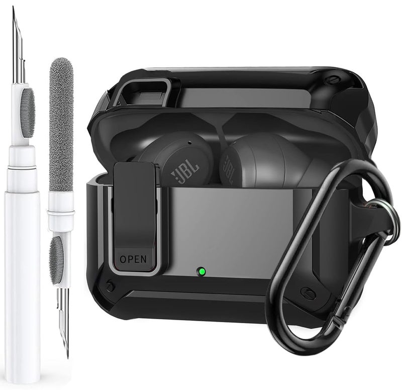 OTOPO Compatible with JBL Vibe 200TWS/JBL Vibe Beam Case Cover Lock Clip with Cleaner Kit,Cool Protective Cover Men Women with Carabiner for JBL Vibe Beam 2 Charging Case - Black - Image 1