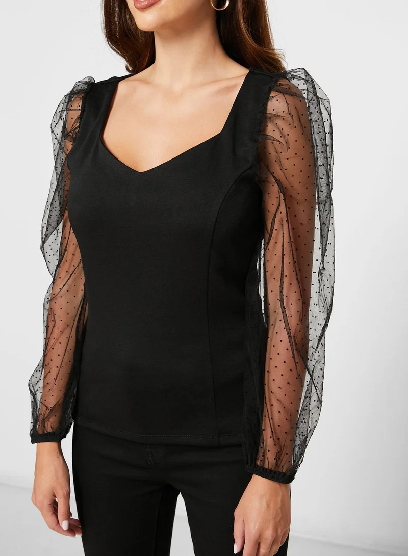 Vila V - Neck Mesh Sleeve Top