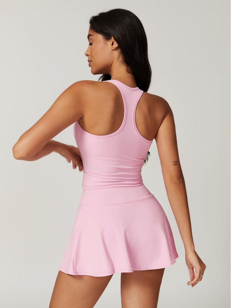 ABOCIW Athletic Dress for Women High Waist Tennis Skirt Sets 2 Piece Golf Outfits Side Slit Mini Skirt Skorts Square Neck Racerback Workout Crop Tank Top Light Pink Small - Image 2