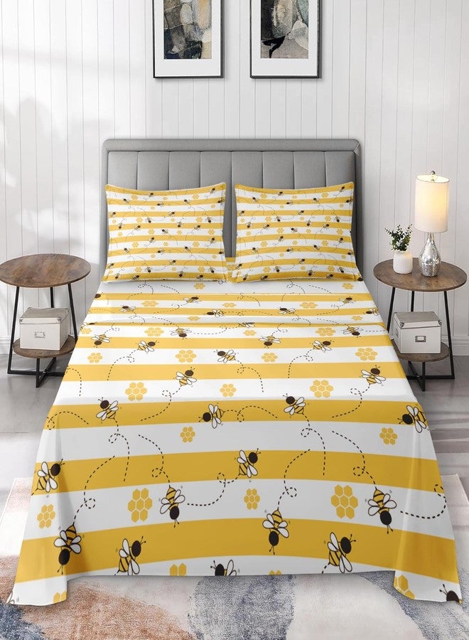 Pamnest Full Size Bed Sheet Sets, Bee Yellow Stripe Soft Microfiber 4 Pcs Bedding Sets for Kids and Adults Bedroom Bed Decor, Honey Animal Flat, Fitted Sheet and 2 Pillowcases - Image 3