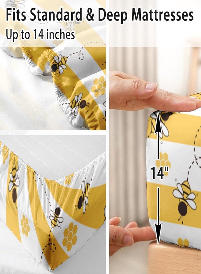 Pamnest Full Size Bed Sheet Sets, Bee Yellow Stripe Soft Microfiber 4 Pcs Bedding Sets for Kids and Adults Bedroom Bed Decor, Honey Animal Flat, Fitted Sheet and 2 Pillowcases - Image 5