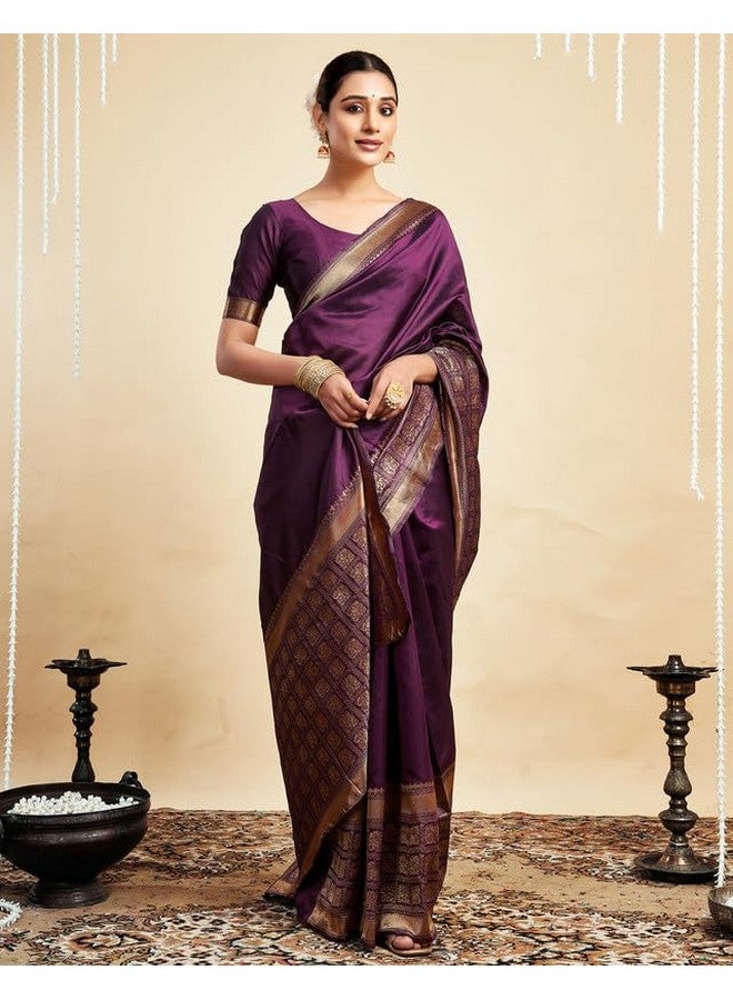 SIRIL Women's Banarasi Soft Silk Saree Pure Silk With Unstitched Blouse Piece (3957S545A_Wine) - Image 2