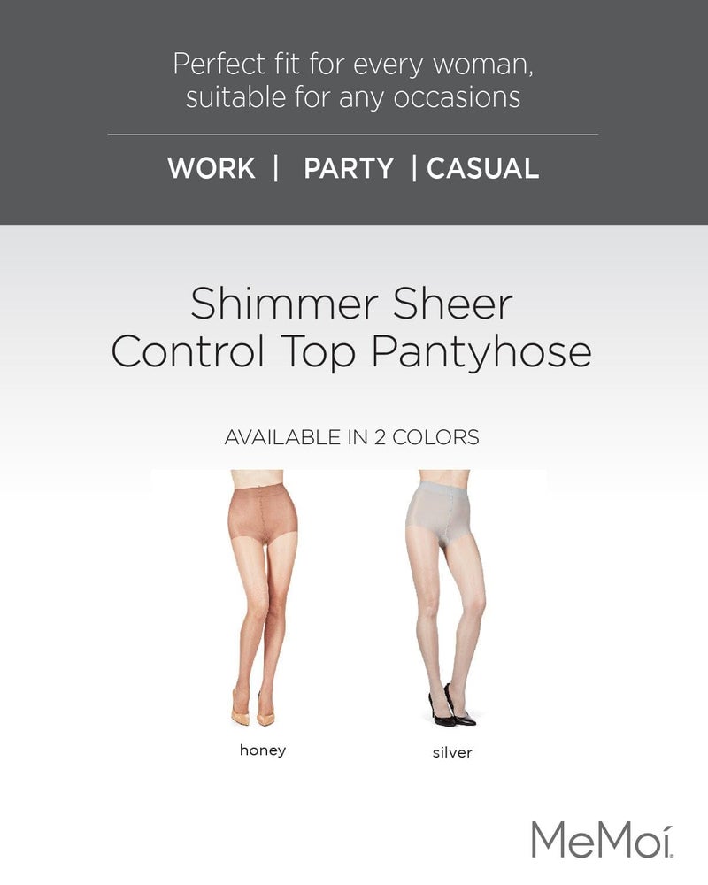 MeMoi Shimmer Sheer Pantyhose, Comfortable Control Top Pantyhose, Lightweight Nylons for Women - Sizes Small to X-Large, Silver, Large - Image 2