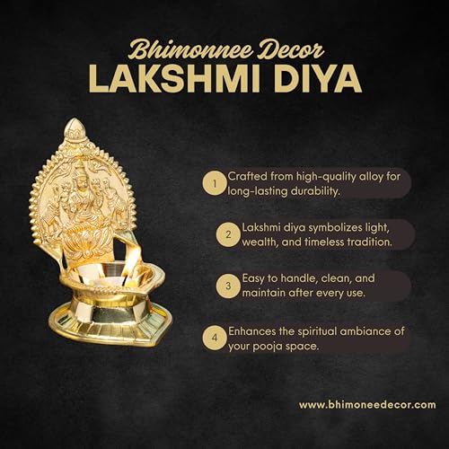 Bhimonee Decor Gaja Lakshmi Kamakshi Brass Diya for Pooja | 6 Inch, 425g | Traditional Oil Lamp for Home Temple, Aarti, Diwali Decoration, Spiritual Gifts & Festive Decor - Image 3