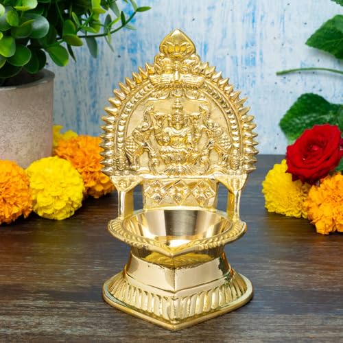 Bhimonee Decor Gaja Lakshmi Kamakshi Brass Diya for Pooja | 6 Inch, 425g | Traditional Oil Lamp for Home Temple, Aarti, Diwali Decoration, Spiritual Gifts & Festive Decor - Image 5