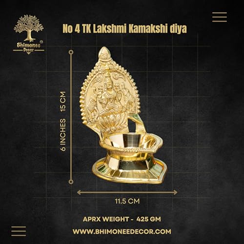 Bhimonee Decor Gaja Lakshmi Kamakshi Brass Diya for Pooja | 6 Inch, 425g | Traditional Oil Lamp for Home Temple, Aarti, Diwali Decoration, Spiritual Gifts & Festive Decor - Image 4