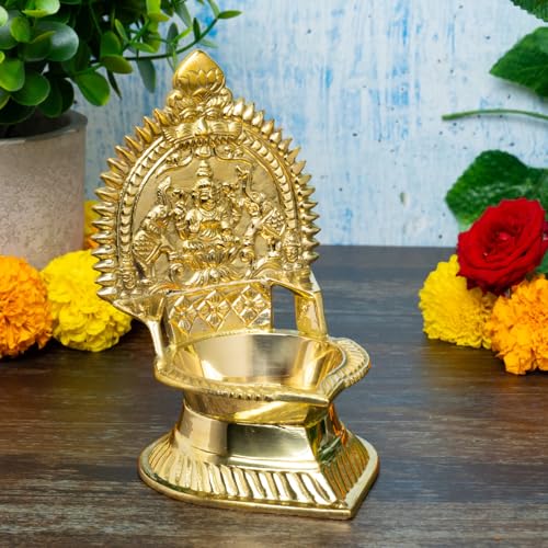 Bhimonee Decor Gaja Lakshmi Kamakshi Brass Diya for Pooja | 6 Inch, 425g | Traditional Oil Lamp for Home Temple, Aarti, Diwali Decoration, Spiritual Gifts & Festive Decor - Image 1