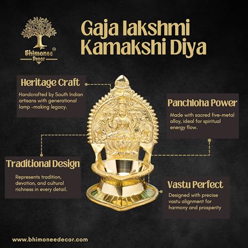 Bhimonee Decor Gaja Lakshmi Kamakshi Brass Diya for Pooja | 6 Inch, 425g | Traditional Oil Lamp for Home Temple, Aarti, Diwali Decoration, Spiritual Gifts & Festive Decor - Image 2