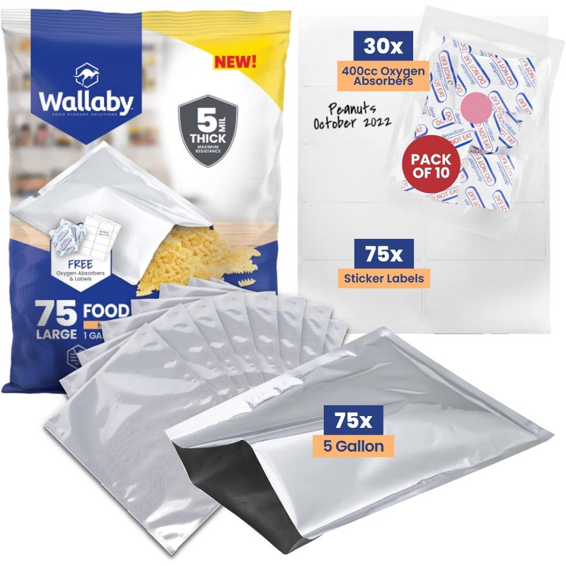 Wallaby 75 Count 1-Gallon Mylar Bags with 400cc Oxygen Absorbers, 10 Mil Total Thickness Long-Term Food Storage Pouches, 10x14 Heat-Sealable Airtight Packaging - Silver - Image 1