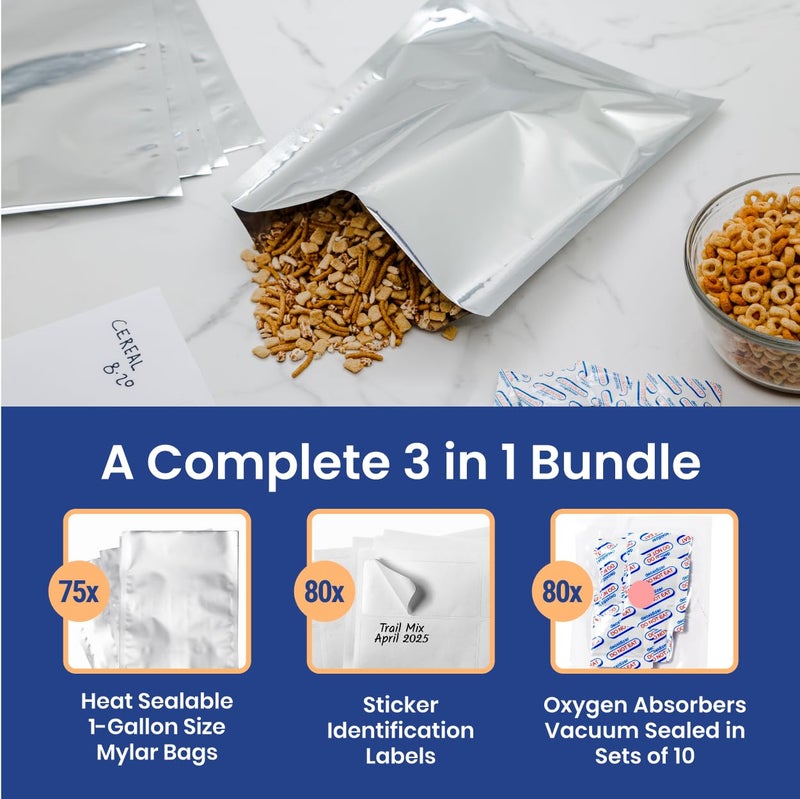 Wallaby 75 Count 1-Gallon Mylar Bags with 400cc Oxygen Absorbers, 10 Mil Total Thickness Long-Term Food Storage Pouches, 10x14 Heat-Sealable Airtight Packaging - Silver - Image 3