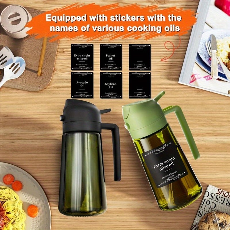 Two Bottles Black And Green Premium Dark Glass Olive Oil Set With Dispenser Labels And Cooking Spray Gadget Ideal For Grilling And Camping - Image 4