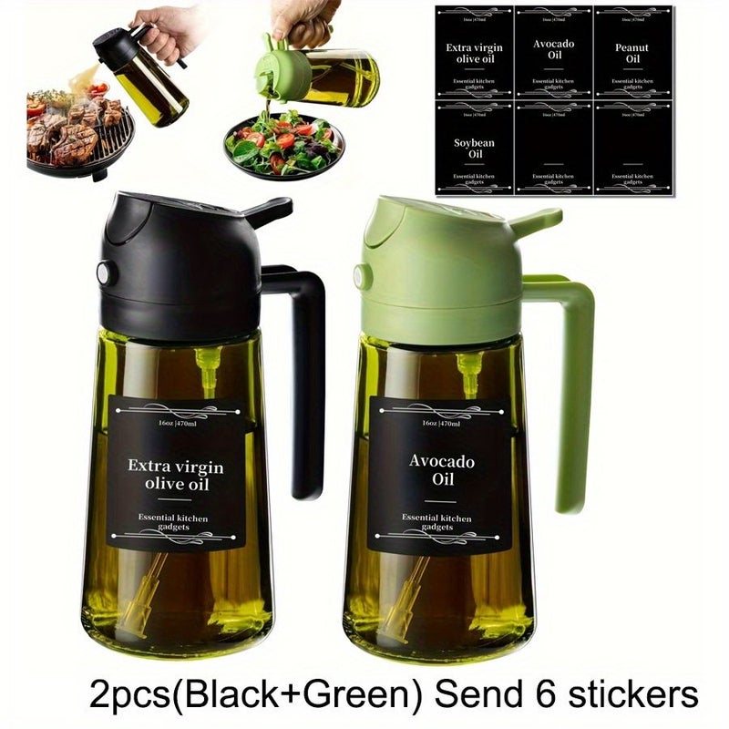 Two Bottles Black And Green Premium Dark Glass Olive Oil Set With Dispenser Labels And Cooking Spray Gadget Ideal For Grilling And Camping - Image 1