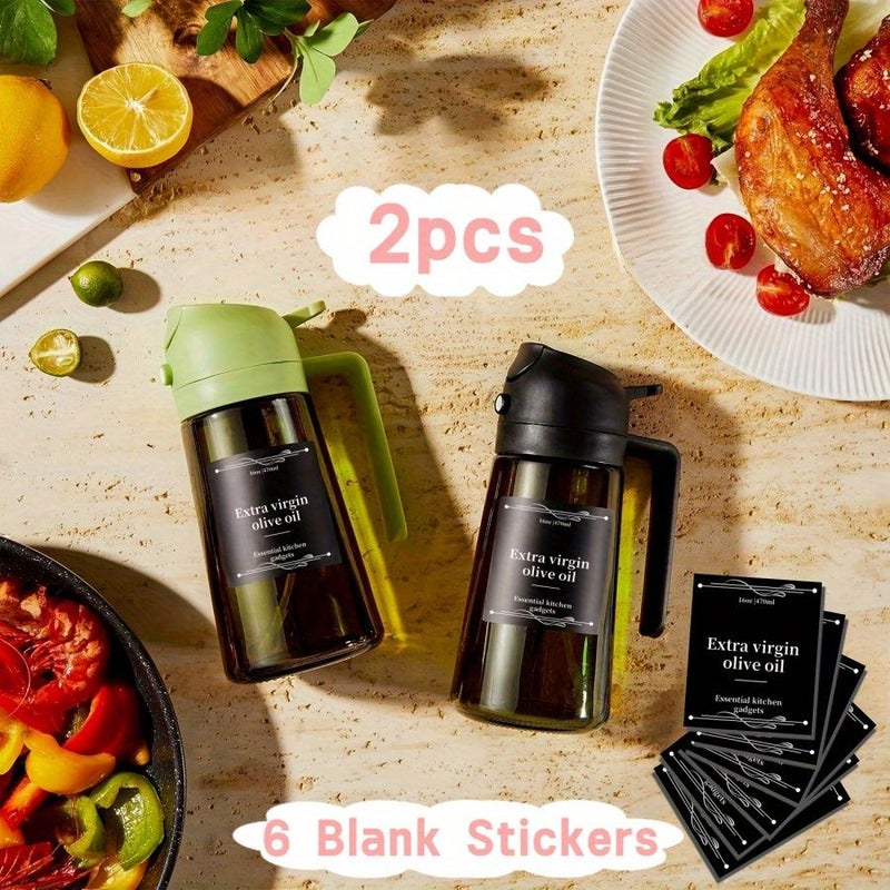 Two Bottles Black And Green Premium Dark Glass Olive Oil Set With Dispenser Labels And Cooking Spray Gadget Ideal For Grilling And Camping - Image 2
