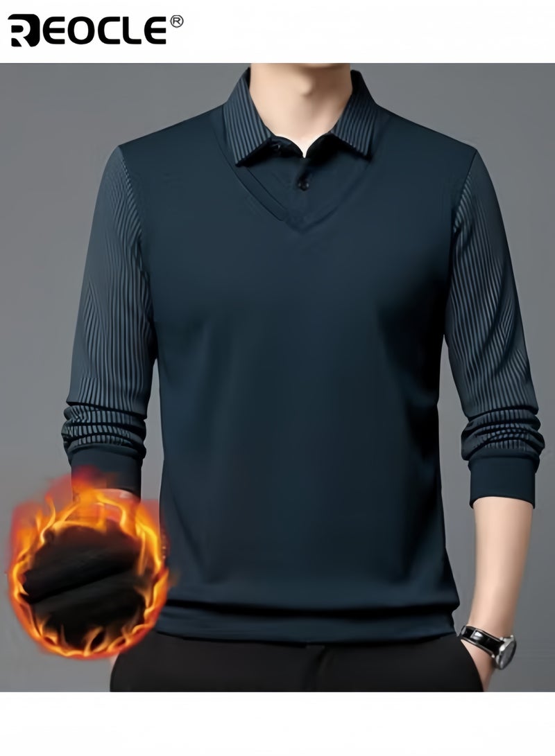 ريوكل قميص رجالي مخطط محبوك مناسب للخريف والشتاء، قميص رسمي وغير رسمي، مكون من قطعتين، بأكمام طويلة دافئ، أزرق - Image 1