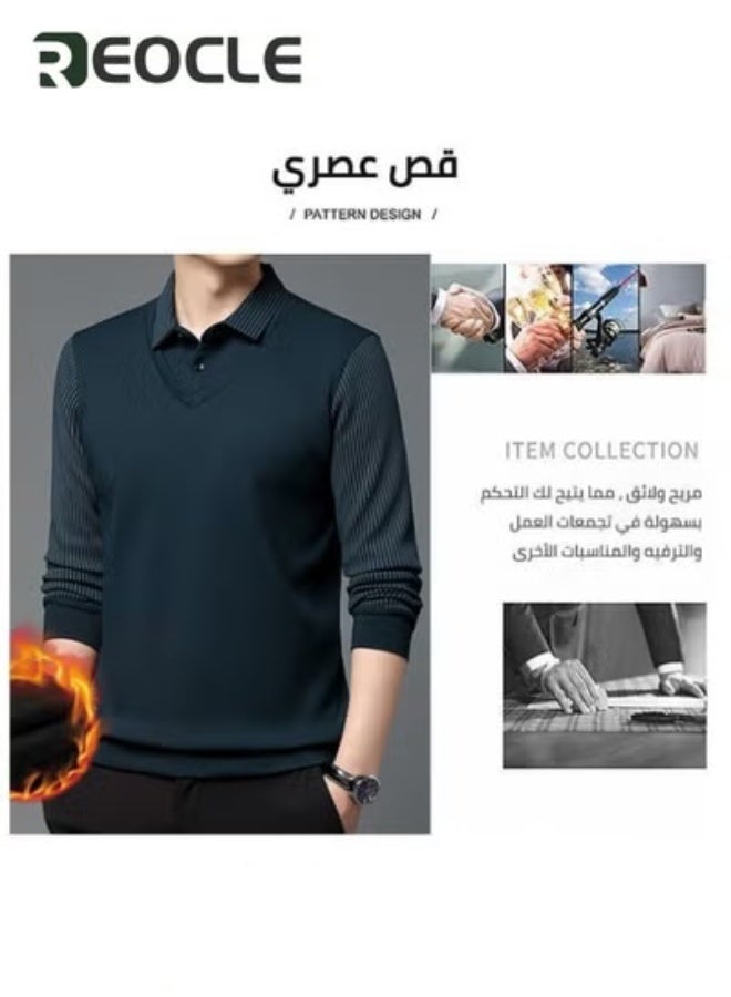 ريوكل قميص رجالي مخطط محبوك مناسب للخريف والشتاء، قميص رسمي وغير رسمي، مكون من قطعتين، بأكمام طويلة دافئ، أزرق - Image 2