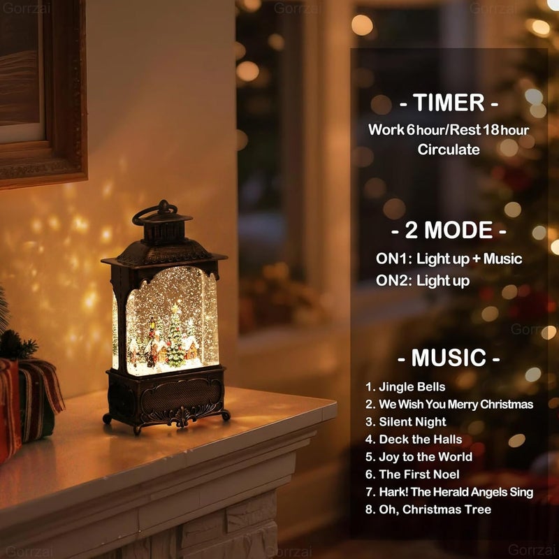 Gorrzai Christmas Snow Globe Lantern with Music Timer Swirling Glitter, Lighted Christmas Decorations Indoor Light Up Musical Lantern Holiday Decor Gift, Forest House Scene, USB or Battery Operated - Image 4