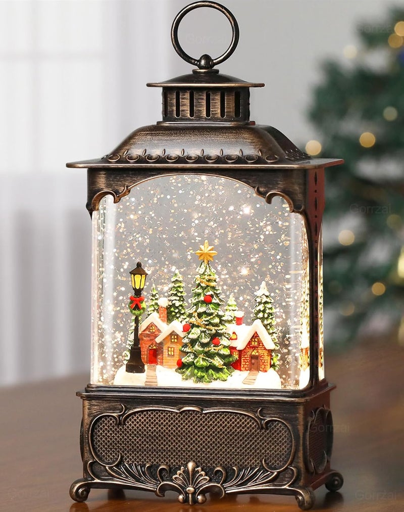 Gorrzai Christmas Snow Globe Lantern with Music Timer Swirling Glitter, Lighted Christmas Decorations Indoor Light Up Musical Lantern Holiday Decor Gift, Forest House Scene, USB or Battery Operated - Image 1