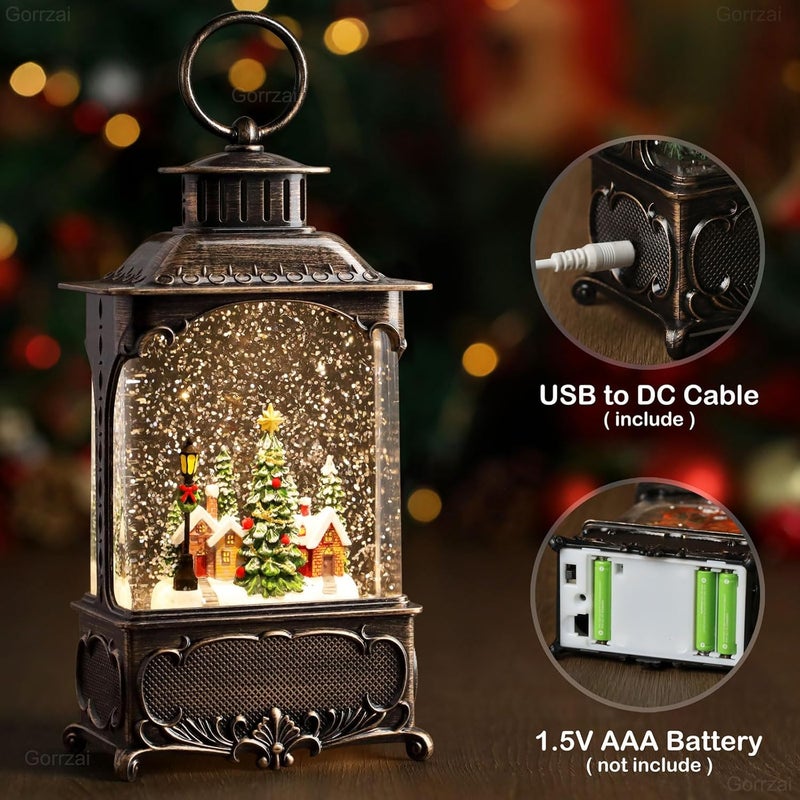 Gorrzai Christmas Snow Globe Lantern with Music Timer Swirling Glitter, Lighted Christmas Decorations Indoor Light Up Musical Lantern Holiday Decor Gift, Forest House Scene, USB or Battery Operated - Image 3
