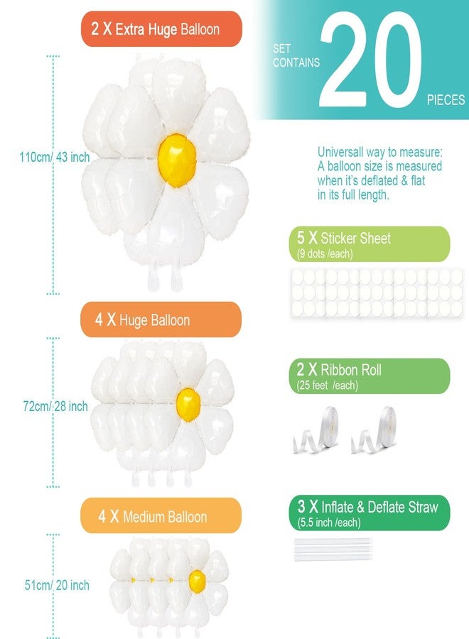 Goping Daisy Balloons 10 pcs White Daisy Flower Balloons Reusable Party Decorations for Birthday Wedding Ceremony Garden Beauty, 2 Extra Huge, 4 Huge, 4 Medium and 10 Fittings - Image 2