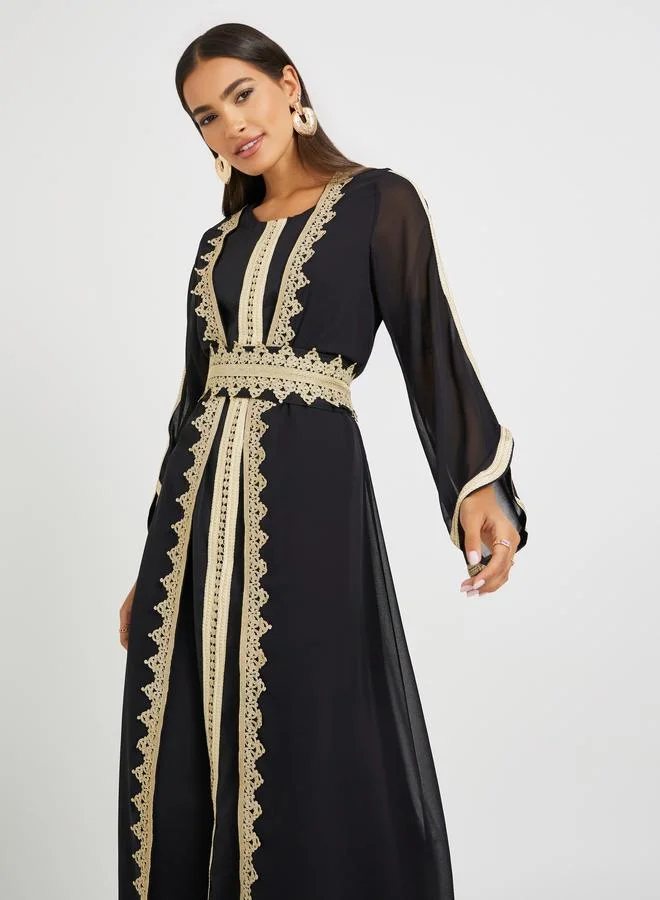 Take Two Take Two Lace Trim Front Open Belted Abaya and Inner Dress Set