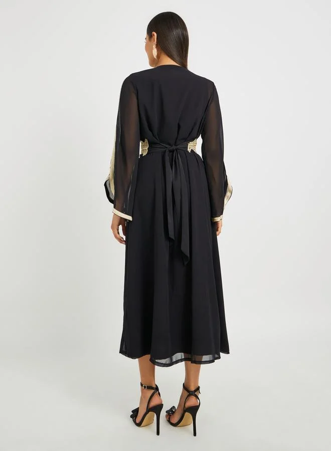 Take Two Take Two Lace Trim Front Open Belted Abaya and Inner Dress Set