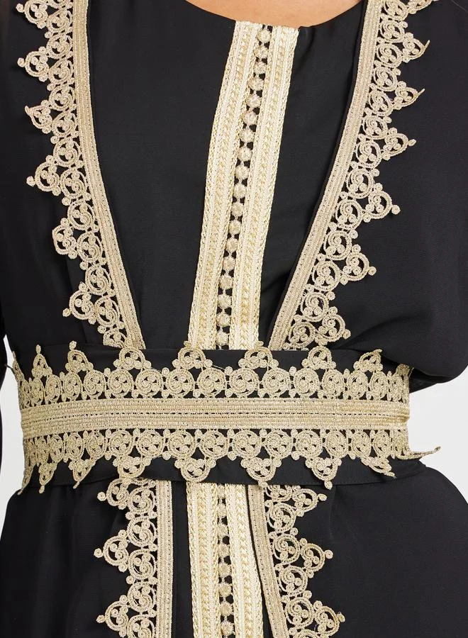 Take Two Take Two Lace Trim Front Open Belted Abaya and Inner Dress Set