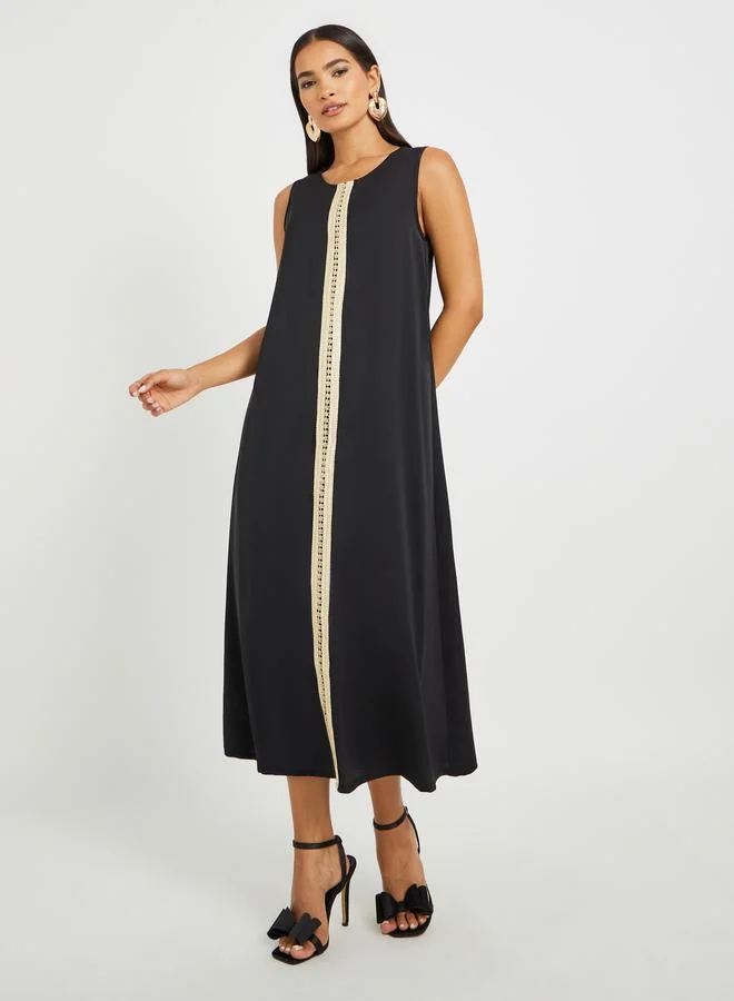 Take Two Take Two Lace Trim Front Open Belted Abaya and Inner Dress Set
