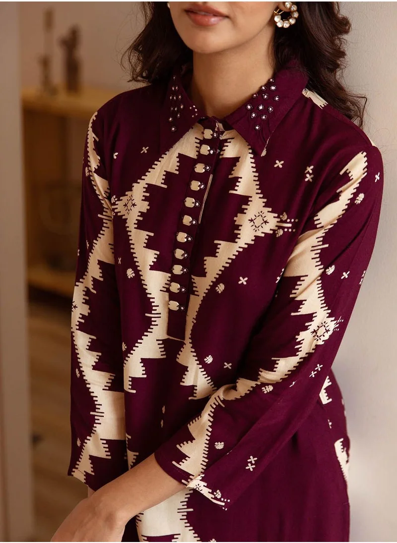 ISHIN Women Wine Cotton Kurta set with Dupatta