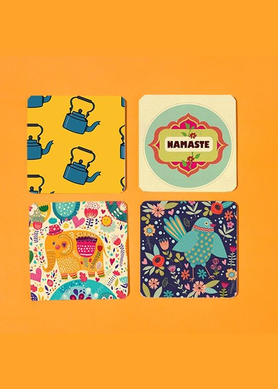 TAJNAN TAJNAN Indian Art Printed Coaster Set of 6 Beautiful Wooden Coasters with Plastic Coating Proper Coaster Stand Designer Coaster Set Fit for Tea Cups,Coffee Mugs & Glasses (Square&Designer 4x4 Inch) - Image 4