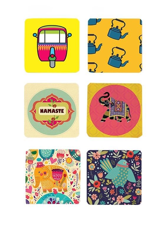 TAJNAN TAJNAN Indian Art Printed Coaster Set of 6 Beautiful Wooden Coasters with Plastic Coating Proper Coaster Stand Designer Coaster Set Fit for Tea Cups,Coffee Mugs & Glasses (Square&Designer 4x4 Inch) - Image 2