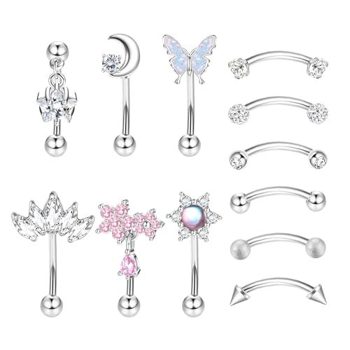 Drperfect 12 PCS Rook Piercing Jewelry Rook Earrings for Women Men Eyebrow Rings 16G Stainless Steel Curved Barbell Dangle CZ Belly Lip Ring Cartilage Daith Surface Tragus Piercing Jewelry - Image 1