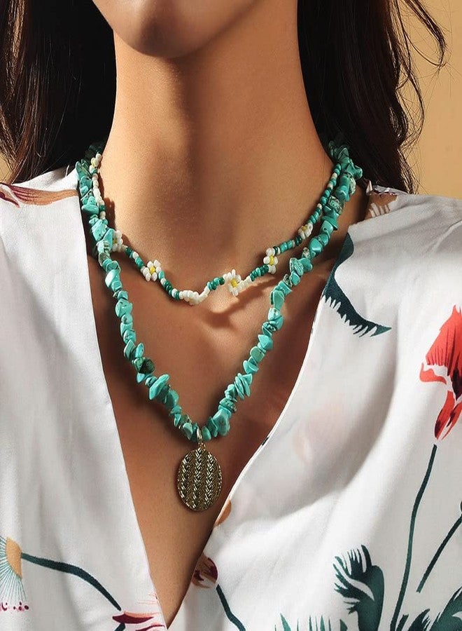 Chennie Boho Turquoise Choker Necklace Gold Layered Necklaces Coin Pendant Handmade Chain Beach Jewelry for Women - Image 3