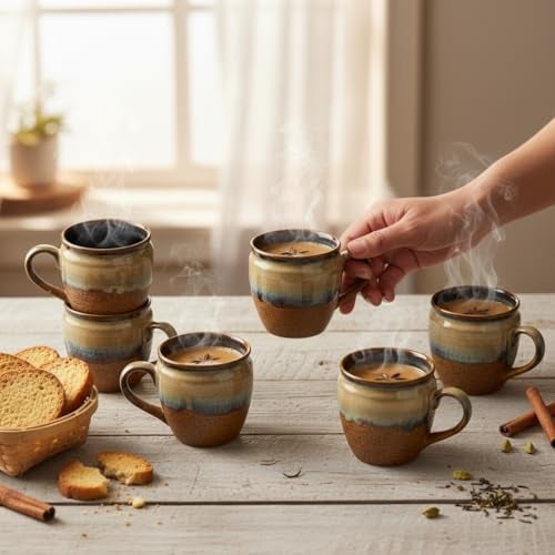 Beyond Homes Handcrafted Ceramic Tea Cup & Coffee Mugs Set of 6, 220 ml | Microwave Safe | Eco-Friendly Cup Set of 6 for Tea | Glossy Finish Ceramic Cups, Terracotta (Broad Drip) - Image 1