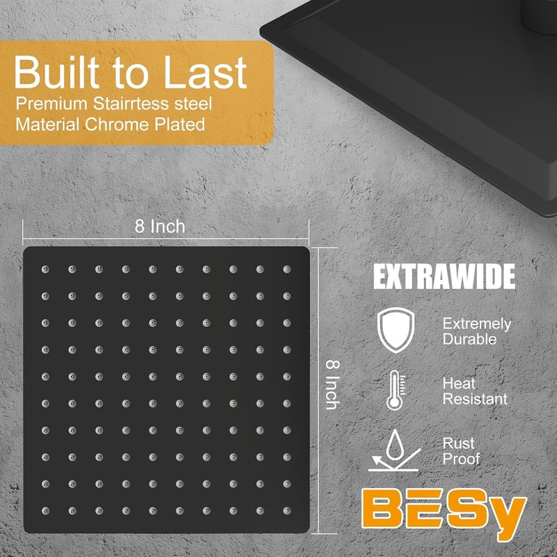 BESy 8 Inch Rain Shower Head, 8" Square Rainfall & High Pressure Stainless Steel Bath Showerhead, 1/16" Ultra Thin, Waterfall Full Body Coverage with Silicone Nozzle, Matte Black Finish - Image 5