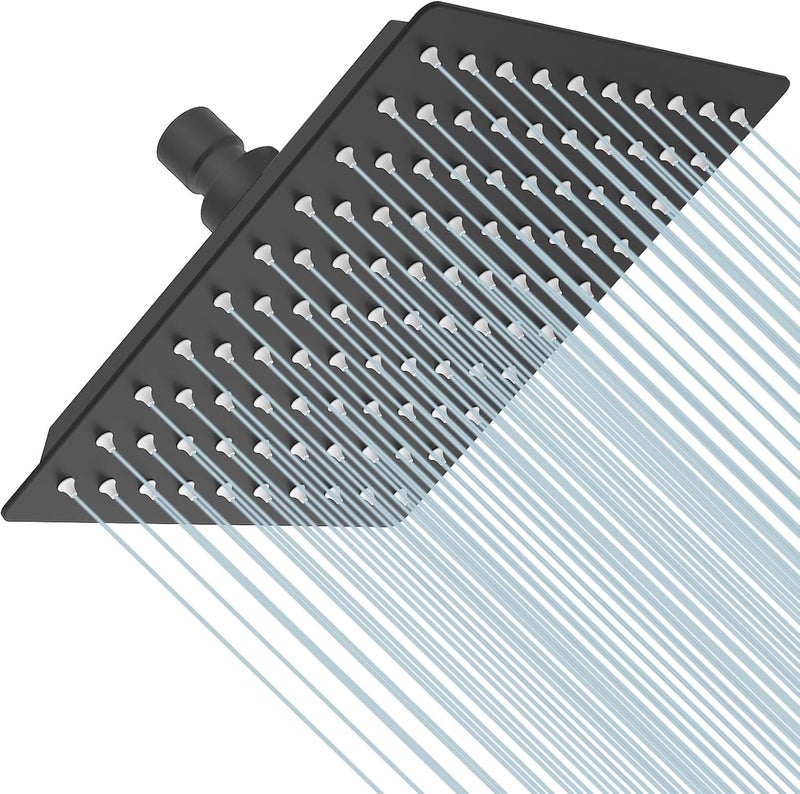 BESy 8 Inch Rain Shower Head, 8" Square Rainfall & High Pressure Stainless Steel Bath Showerhead, 1/16" Ultra Thin, Waterfall Full Body Coverage with Silicone Nozzle, Matte Black Finish - Image 1