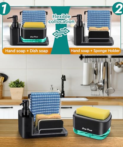 Eavida Kitchen Soap Dispenser Set with Tray and Sponge Holder, Dish and Hand Soap Dispenser with Dishcloth Holder 5-in-1 Kitchen Sink Countertop Storage Organizer, Practical Kitchen Gadgets - Black - Image 2