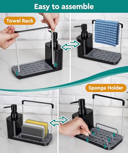 Eavida Kitchen Soap Dispenser Set with Tray and Sponge Holder, Dish and Hand Soap Dispenser with Dishcloth Holder 5-in-1 Kitchen Sink Countertop Storage Organizer, Practical Kitchen Gadgets - Black - Image 5