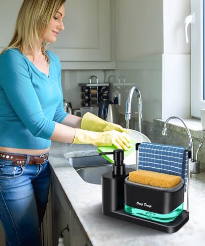 Eavida Kitchen Soap Dispenser Set with Tray and Sponge Holder, Dish and Hand Soap Dispenser with Dishcloth Holder 5-in-1 Kitchen Sink Countertop Storage Organizer, Practical Kitchen Gadgets - Black - Image 4