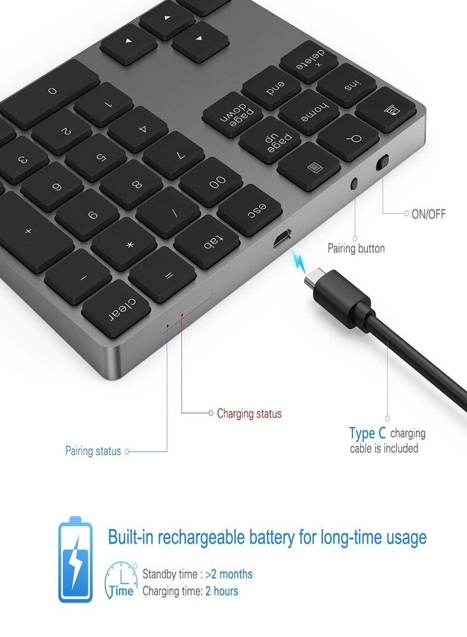 LEKVEY Bluetooth Number Pad, Aluminum Rechargeable Wireless Numeric Keypad Slim 34-Keys External Numpad Keyboard Data Entry Compatible for Macbook, MacBook Air/Pro, iMac Windows Laptop Surface Pro etc - Image 3